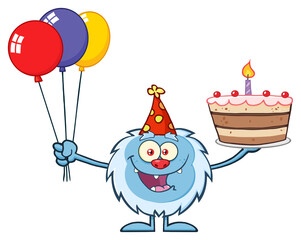Fototapeta premium Happy Little Yeti Cartoon Mascot Character Wearing A Party Hat And Holding Balloons And A Birthday Cake. Vector Hand Drawn Illustration Isolated On Transparent Background