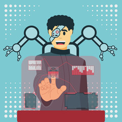 Man from the future with a cyber eye and two mechanical arms checks the indicators of the heartbeat, pulse, tests, parameters and all the information of the body by fingerprint. Cyberpunk, metaverse.