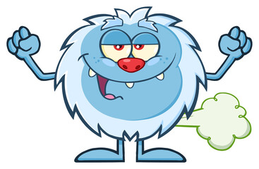 Smiling Little Yeti Cartoon Mascot Character Farting. Vector Hand Drawn Illustration Isolated On Transparent Background