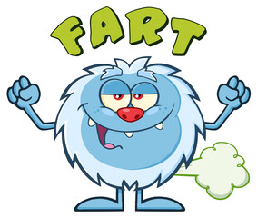 Smiling Little Yeti Cartoon Mascot Character Farting. Vector Hand Drawn Illustration Isolated On Transparent Background
