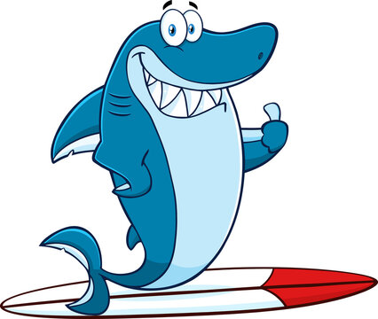 Smiling Blue Shark Cartoon Mascot Character Surfing And Holding A Thumb Up. Vector Hand Drawn Illustration Isolated On Transparent Background