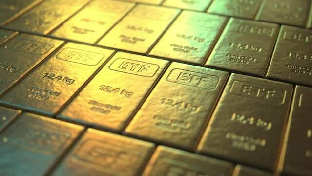 Gold bars with ETF text. Seamless looping 3d animation