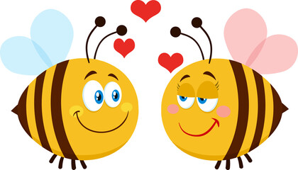 Cute Male Bee Love Female Bee Cartoon Character. Vector Hand Drawn Illustration Isolated On Transparent Background