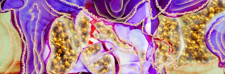Fototapeta premium Golden pealrs on Alcohol ink fluid abstract texture fluid art with gold glitter and liquid.
