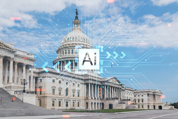 Capitol dome building exterior, Washington DC, USA. Home of Congress, Capitol Hill. American political system. Artificial Intelligence concept, hologram. AI, machine learning, neural network, robotics