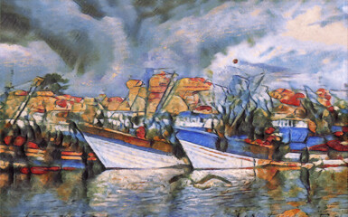 Obraz premium Storm clouds over north african fishing harbour, traditional old moroccan boats, port fortress - Essaouira, Morocco - Oil painting Aquarelle