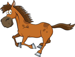 Brown Horse Cartoon Character Running. Vector Hand Drawn Illustration Isolated On Transparent Background
