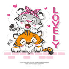 Cute Couple Tiger, Lovely, Cartoon Illustration