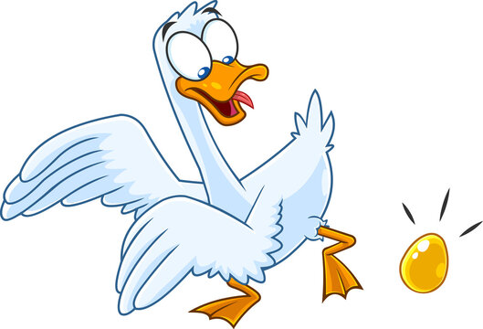 Goose Cartoon Character With Golden Egg. Vector Hand Drawn Illustration Isolated On Transparent Background
