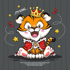 Cute Little King Cat Tiger Cartoon Illustration