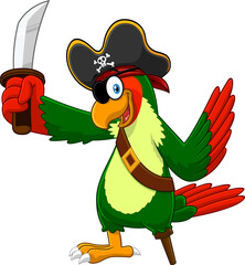 Parrot Pirate Bird Cartoon Character With Sword. Vector Hand Drawn Illustration Isolated On Transparent Background