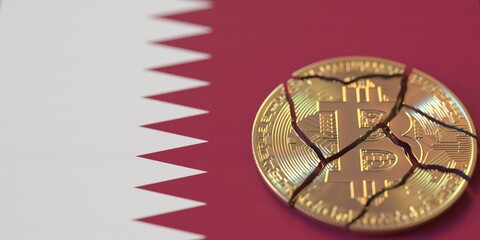 Flag of Qatar and broken bitcoin. Cryptocurrency ban or crypto legal issues concepts, 3d rendering