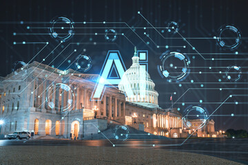 Front view, Capitol dome building at night, Washington DC, USA. Illuminated Home of Congress and...