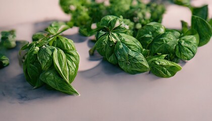 Obraz premium 3D illustration of a Fresh basil leaves with green color on the white plate