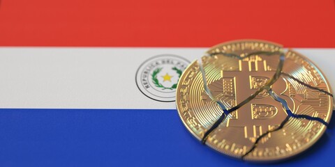 Flag of Paraguay and broken bitcoin. Cryptocurrency ban or crypto legal issues concepts, 3d rendering