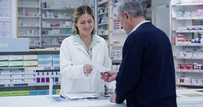 Happy pharmacist with tablet help senior man, customer service in pharmacy and digital innovation. Medical technology, pharmacy script, medicine pharmaceutical drugs and pills store prescription.