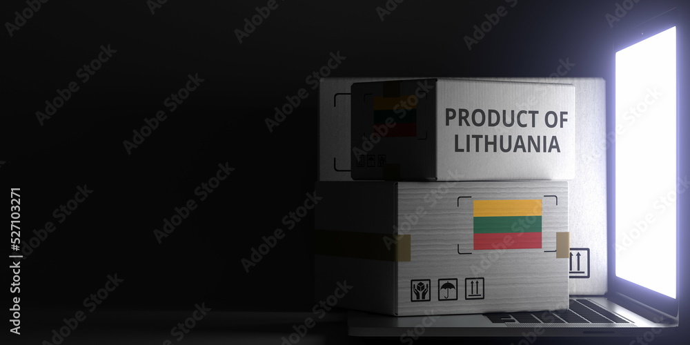 Poster product of lithuania text and flag sticker on the boxes on the laptop on dark background. 3d renderi