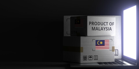 PRODUCT OF MALAYSIA text and flag sticker on the boxes on the laptop on dark background. 3D rendering