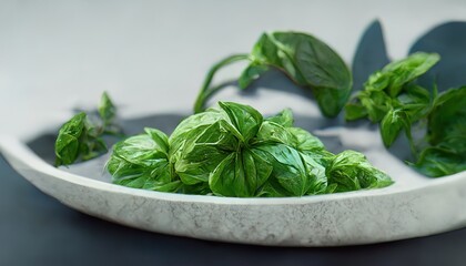 3D illustration of a Fresh basil leaves with green color on the white plate