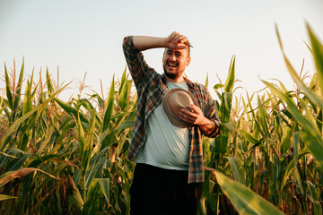 Tired young man stand in corn field, took off hat, wipes sweat from forehead, front view, looking...