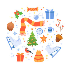 Christmas and New Year collection of cute seasonal elements. Christmas tree, gift, clothes , sweets. Vector illustration