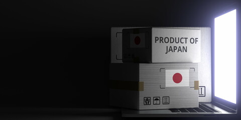 Cartons with PRODUCT OF JAPAN text and flag on the laptop, black background. 3D rendering