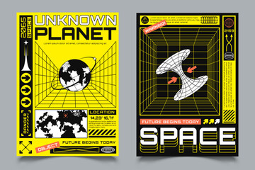 Two posters with HUD elements, perspective grid, futuristic design elements, chart, black hole and model of planet