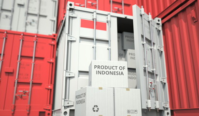 Boxes with goods from Indonesia and cargo containers. National economy related conceptual 3D rendering