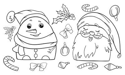 coloring book New Year's poster snowman and Santa Claus vector isolated on a white background anti-stress page for children and adults