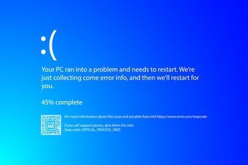 Modern blue screen of death (BSOD) error on laptop Installation new software and hardware problem, virus, emulation, virtual machine, video, register. System Crash Report Background. Illustration