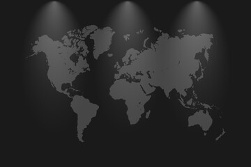 World map vector, isolated on black background. Flat Earth, gray map template for web site pattern, anual report, inphographics. Globe similar worldmap icon. Travel worldwide, map silhouette backdrop