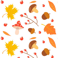 Obraz premium Seamless pattern with leaves, acorns, mushrooms, and berries. Autumn pattern. Yellow foliage. Vector illustration