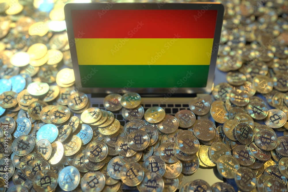 Aufkleber computer with flag of bolivia and pile of bitcoins. national regulations and cryptocurrency mining c
