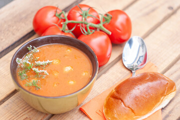 tomato soup with meat balls, a traditional Belgian dish, served a bun, exotic