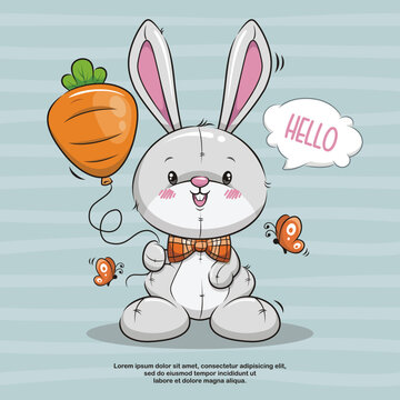 Cute Bunny With Carrot Balloon, Rabbit Cartoon Illustration