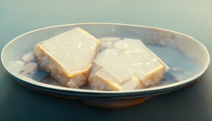 3D illustration of a Bean curd on the white plate with white and creamy color