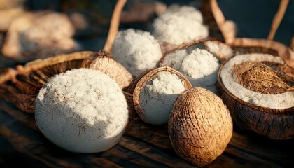 3D illustration of a Coconut oil on the basket with the coconut on the background