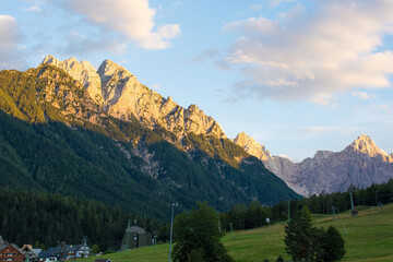 The Alpine landscape near Kranjska Gora in the Upper Carniola region of north west Slovenia. The mountain peaks from left to right - Rusica, Rigljica, Rusa Pec, Spik, Frdamane Police, Drcev Rut, Krisk