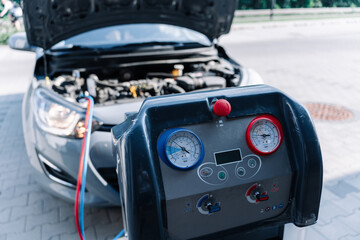 Ac car air repair conditioner service. Check automotive vehicle conditioning system and refill...