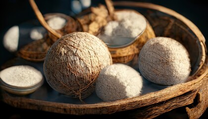 3D illustration of a Coconut oil on the basket with the coconut on the background