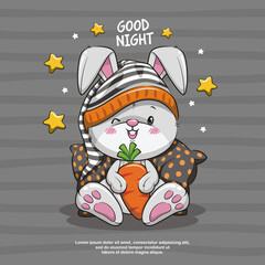 Good Night Bunny With Carrot, Cute Rabbit Sleeping Cartoon Illustration