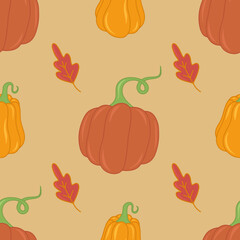 Seasonal autumn pumpkin and leaves vector seamless pattern