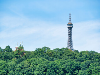 Prague, Czech Republic - June 2022: View with Petrin Tower, a major tourist attraction in Prague
