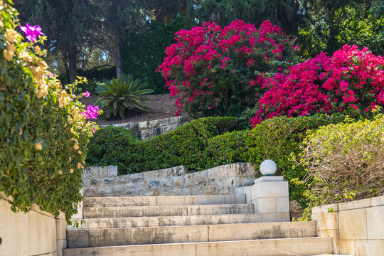 Haifa, Israel, July 12, 2022 : The decorative metal gate at the entrance to the middle terrace of the Bahai Garden, located on Mount Carmel in the city of Haifa, in northern Israel
