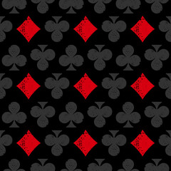 Grunge Seamless pattern with diamonds and clubs card suits. Scratched Casino gambling, poker background. Alice in wonderland ornament. Fantasy wallpaper.