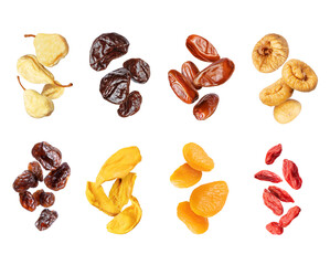 Set of different delicious dried fruits and berries, isolated on a white background