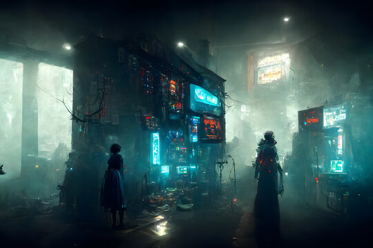cyberpunk witches hideout in foggy hacker place, neural network generated art. Digitally generated image. Not based on any actual scene or pattern.