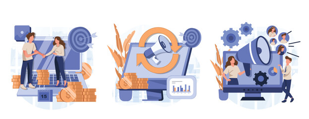 Internet promotion strategy abstract concept vector illustration set. Affiliate marketing, referral program, remarketing, online sales management, targeted advertising, loyalty abstract metaphor.
