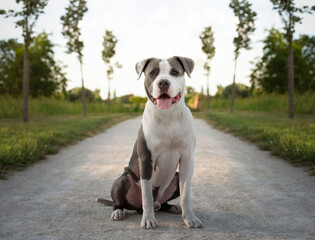 young Stafford sitting in a meadow. The American Staffordshire terrier is a dog breed that has ancestors in English bulldogs and terriers. Their closest relatives, the American pit bull terrier. 