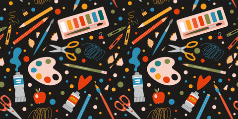 Seamless pattern with art supplies, stationery on a black background, cartoon style. Back to school. Trendy modern vector illustration, hand drawn, flat
